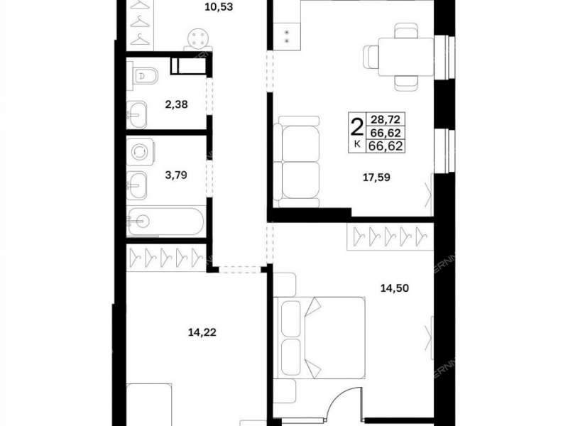 двухкомнатная квартира в новостройке в границах улиц Страж Революции, Гвардейцев, 50-летия Победы, Евгения Никонова, 17