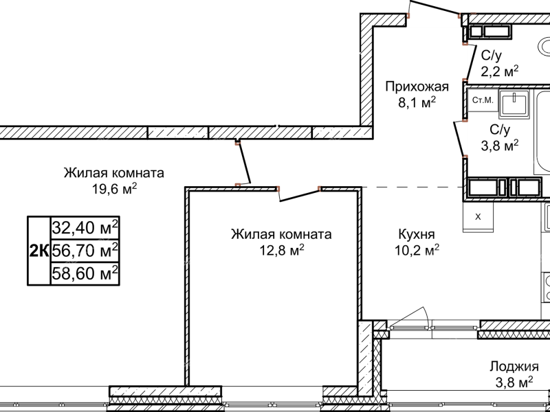 двухкомнатная квартира в новостройке в ЖК Новое Ольгино, дом 1